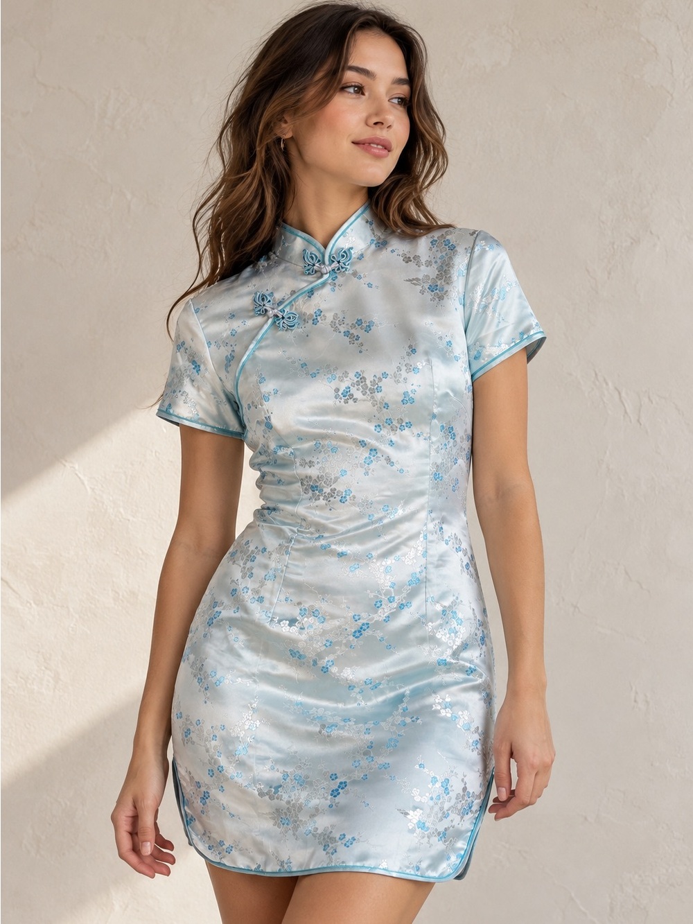 Tang Yi Satin Cheongsam Qipao Mini Dress Blue Floral Y2K Mandarin Collar S/M